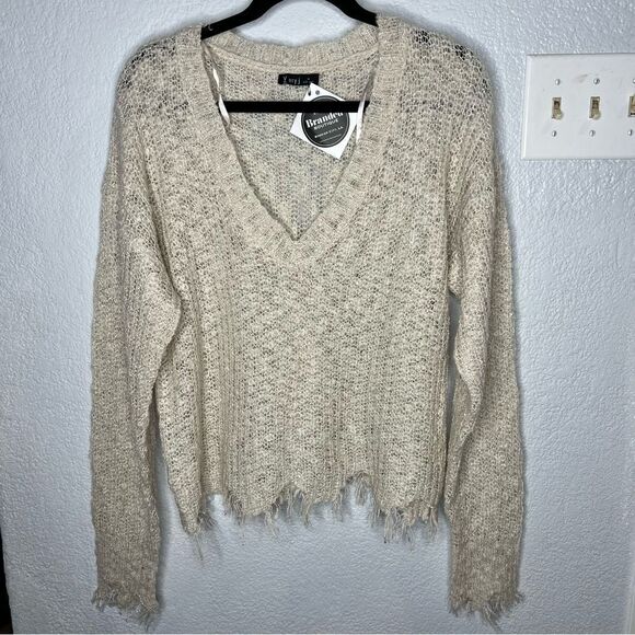 New! Very j Loose Knit V-Neckline Long Sleeve Raw Trim Beige Women Sweater Sz M - Picture 2 of 12